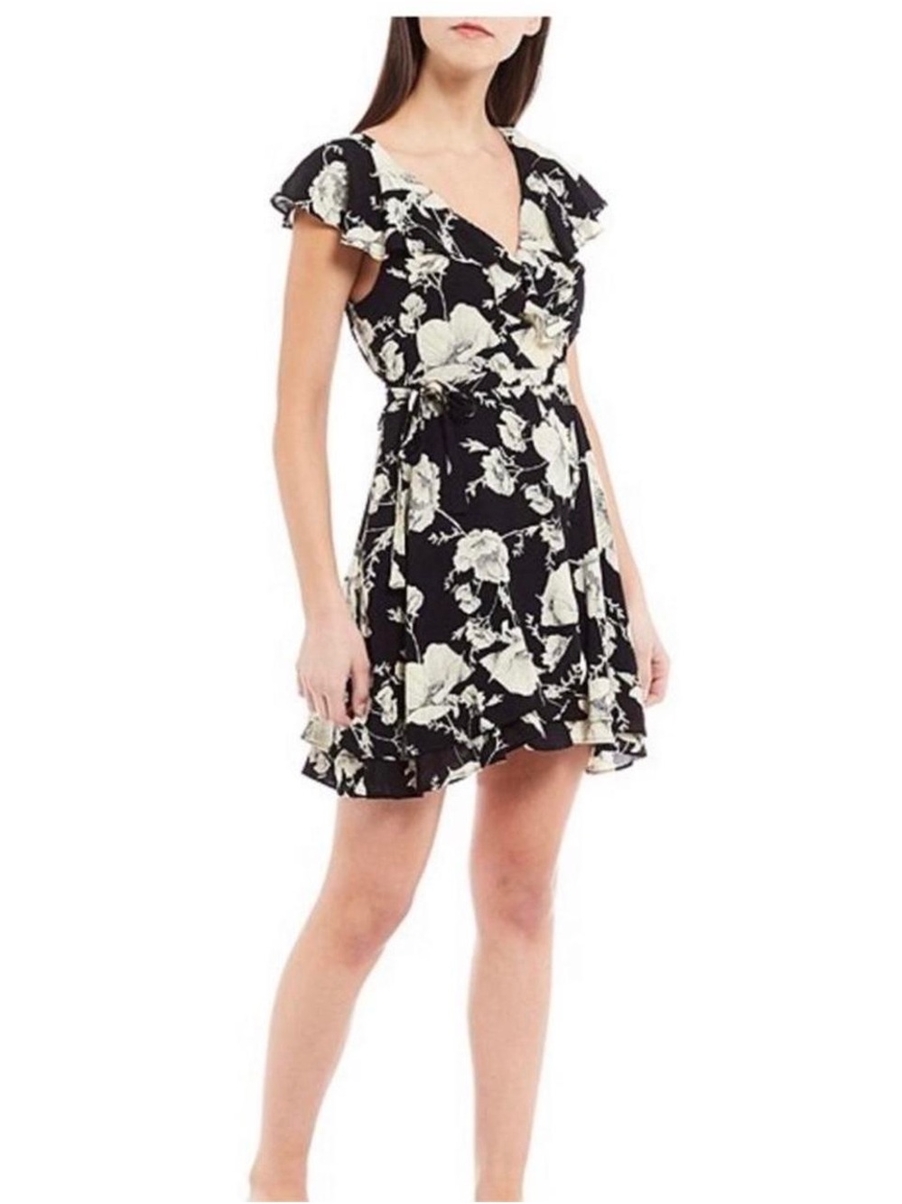 Free People Black Floral Wrap Mini Dress with Cream Bloom Print